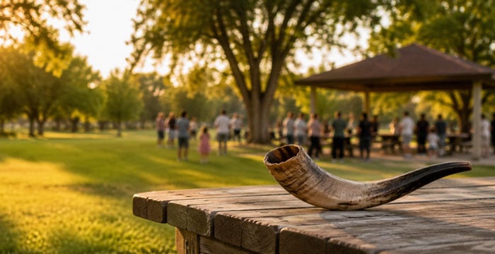 Shofar on a picnic table at Desert Breeze Park as the community gathers